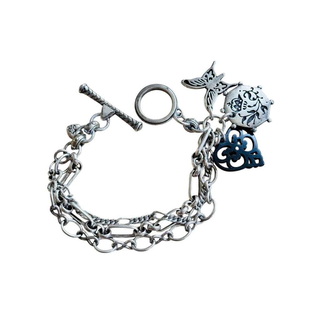 Brighton Retired Butterfly Heart Love Charm Bracelet Silver Plated Dangle Toggle